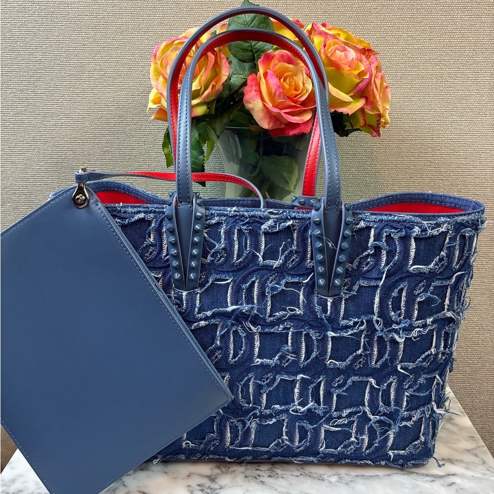 Christian Louboutin Blue Denim Tote with Red Lining NWOT. Posh Authenticated.